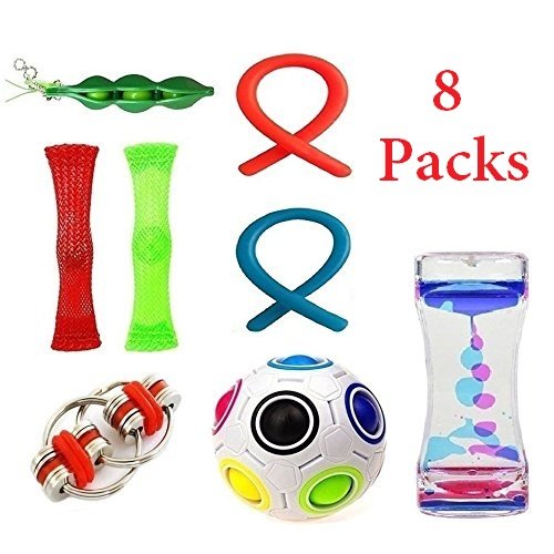 SpringFly 8 Pack Fidget Toys Set-Bike Chain/Liquid Motion Timer/Rainbow Magic Ball/Stretchy Strings and Squeeze Toys for ADD ADHD