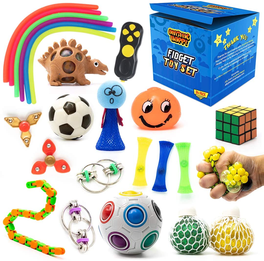 24 Pcs Fidget Pack, Fidget Toy Set for Boys, Sensory Toys for Autistic Children, Stress Toys, Fidget Toys for Adults, Anxiety Relief Toys, Stress Balls, Fidget Spinner, Marble Mesh & More
