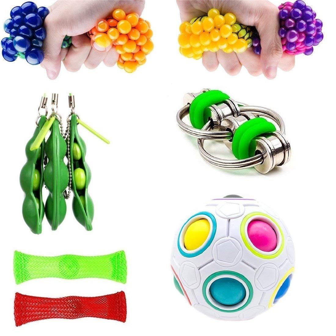 SpringFly 12 Pack Bundle Sensory Fidget Toys Set-Bike Chain,Marble Fidget Toys,Rainbow Magic Sensory Balls,Squeeze a Bean Soybeans,Mesh Squishy Grape Ball for Stress Relax