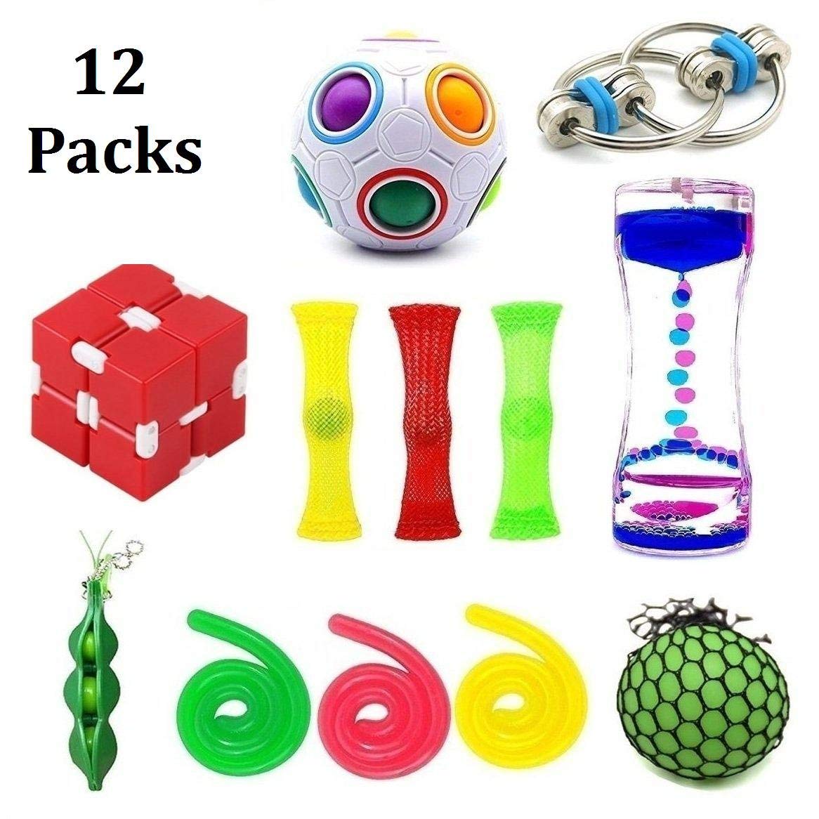 SpringFly 12 Pack Bundle Fidget Toys-Liquid Motion Timer/Rainbow Magic Ball/Infinity Magic Cube/Fidget Chain/Twisted Toys/Mesh And Marble Toys and Squeeze Toys Sensory Toys