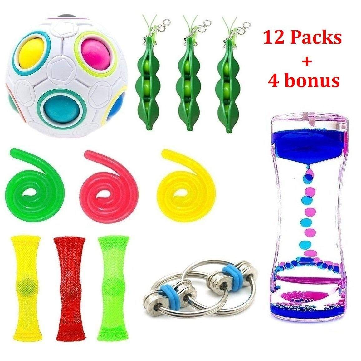 SpringFly 16 Pack Bundle Sensory Toys-Liquid Motion Timer/Rainbow Magic Balls/Bike Chain/Mesh And Marble Toy/Squeeze-a-Bean Soybean/Stretch String Toy for ADD ADHD Stress Relax