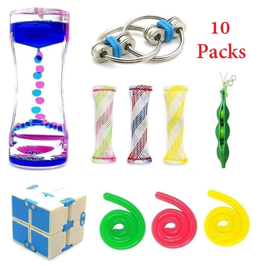 SpringFly 10pcs Sensory Toys Bundle-Liquid Motion Timer/Fidget Bike Chain/Squeeze Soybean/Stretchy Strings For ADD ADHD Stress Relief Fidget Toys - Click Image to Close